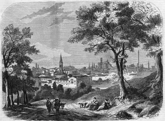 Utsikt över staden Bologna i Italien 1860.