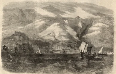 Utsikt över staden Funchal på ön Madere (Madeira) i Portugal. Gravyr i "" The Illustrated London News"" av 29 februari