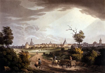 Utsikt över staden Leipzig i Tyskland. Litografi från omkring 1820.