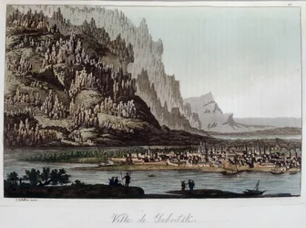 Utsikt över staden Yakutsk i Ryssland. I "" Den gamla och moderna kostymen"" 1819-1820, av Ferrario.