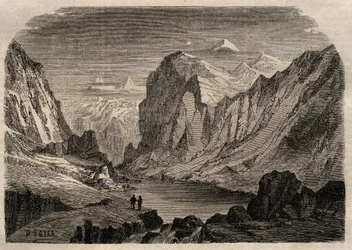 Utsikt över landet Davos i Schweiz på 1800-talet - gravyr i "" Dictionnaire populaire illustrious" - 1864 - av Joseph Decembre och Edmond Allonier -