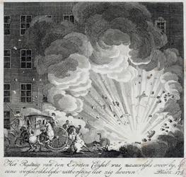 Vy över explosionen av den infernaliska maskinen på rue Saint Nicaise i Paris på 3:e nivose an IX. Infernalmaskinens konspiration är en konspiration för att döda Napoleon Bonaparte, den nye förste konsulen efter statskuppen den 18 Brumaire. En in