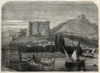 Utsikt över forten i La Spezia i Italien. Gravyr i "The Illustrous Universe"