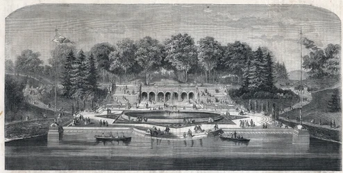 Utsikt över trädgården "" Central Park"" i New York, USA. Arkitektur av Frederick Law Olmsted (1822-1903) och (1824-1895) i distriktet Manhattan. Gravyr i "The Illustrious Universe"