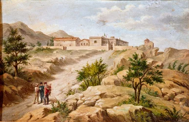 Utsikt över huset till den italienska patrioten och hjältar i Risorgimento Giuseppe Garibaldi (1807-1882) a Caprera (Sardinien) Garibaldi är med två bönder till vänster på bilden. Anonym målning av 1800-talets Rom Museo del Risorgimento