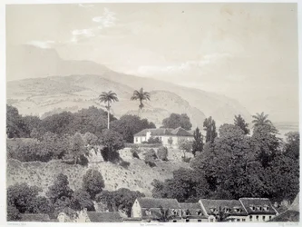 Vy över husen tagna från Boulevard de la Comedie i Saint Pierre på Martinique på Antillerna. Tryck efter fotografi från slutet av 1800-talet Chartres musee des Beaux Arts
