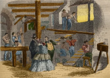 Vy över insidan av ett glas med glasblåsare. Gravyr från 1856 i "" Le Musee Des Sciences""