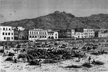 Vy över marschen av Aden i Abessinien. Gravyr omkring 1880