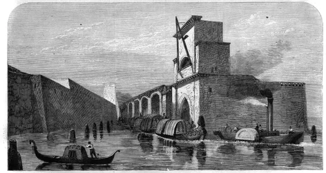 Vy över den gamla arsenalen i staden Venedig, Italien. Gravyr i "" L