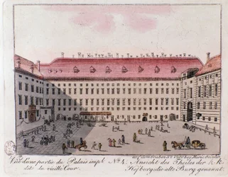Utsikt över den del av det kejserliga palatset som heter Gamla hovet i Wien. Österrike. Gravyr från 1815 privatsamling