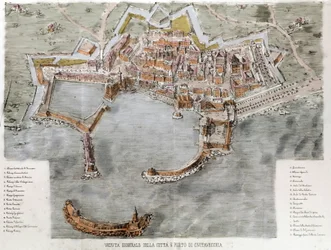 Utsikt över hamnen i Civitavecchia nära Rom. 1800-talet.
