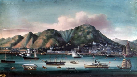 Utsikt över hamnen i Hong Kong (segelbåtar och paddelbåt)