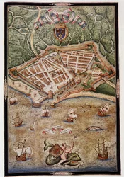 Utsikt över hamnen i Le Havre 1583 - från ett upplyst manuskript av Jacques Delvaux, pilot av flottan, tillägnad amiral de Joyeuse