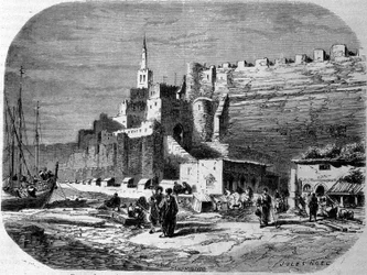 Utsikt över hamnen i den befästa staden Tanger och kusten, Marocko. Gravyr från 1860.