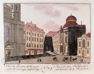 Utsikt över teatern och innergården mot den kejserliga manegen i Wien, Österrike. Gravyr från 1815 privatsamling