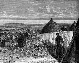 By på stranden av Lake Albert Nyanza (eller Lake Albert), Afrika. Gravyr i "" Le Journal de la jeunesse""