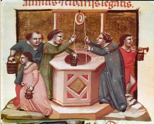 Bybor som släpar vatten vid brunnen Miniatyr från Justinian Code (Codex Justinianus), en samling lagar och institutioner publicerade under den romerske kejsaren Justinian I av Byzantium (483-565)