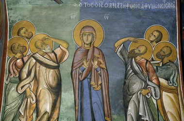 Jungfru Maria bland utvalda, fresk (1192), Panayia Tou Araka-kyrkan (Vår Fru av Pea-kyrkan) (Unescos världsarvslista, 2001), Lagoudhera, Troodosbergen, Cypern