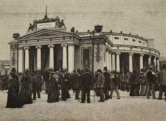 Besökare framför Teatro Pompeiano på United Exhibitions, Milano, Italien, gravyr efter fotografi av bröderna Treves från L
