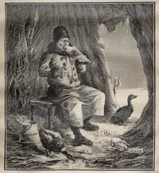 Voyages of Charles Rabot (1856-1944): Ostiak (Khanty eller Khante) från Sibirien som äter fisk - gravyr i ""La Science francaise""