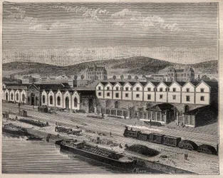 Utsikt över Chateau de Pekin, huvudetableringen av Compagnie des grands vins de Champagne av Eugene Mercier (1838-1904) et Cie nära Epernay - Gravyr i "" La Science francaise""