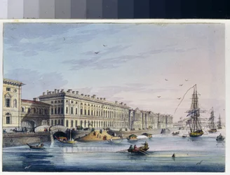 Vy över kajen av slottet i Sankt Petersburg (Ryssland). (Från Marie Taglionis album). Anonymt verk, gravyr förstärkt med akvarell, ca 1840. 1800-talskonst, klassicism. Statens museum för A.S. Pushkin, Moskva.