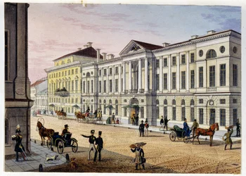 Exteriörvy av Hotel des Postes de Saint Petersburg (Album de Marie Taglioni) (Post Hotel in Saint Petersburg (Album of Marie Taglioni). Anonym etsning och akvarell, 1840-talet. Moskva, A.S. Pushkins statliga museum.