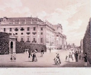 Vandrare i parken Schonbrunn Palace (Schoenbrunn) i Wien. Österrike. Tryck från början av 1800-talets Privatsamling