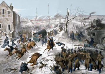 Kriget 1870 mellan Frankrike och Preussen: Röda korset under slaget vid Bapaume i Pas de Calais den 2 och 1871-03-01, där norra armén ledde av general Faidherbe segrade mot preussarna