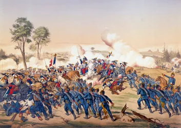 Kriget 1870: anfallen av slagskeppen vid slaget vid Froeschwiller Woerth (Froeschwiller-Woerth) den 06/08/1870 som såg Tysklands seger - Litografi från 1870. Paris, NL
