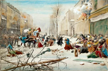 Kriget 1870: belägringen av Paris 1870, bombardement av preussarna. Invånarna i Paris lämnar de bombade områdena under snö. Akvarell av 1800-talet. Paris, Musee de l
