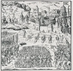 Religionskrig: Staden Nîmes belägrad av kungens armé (Henry III) 1576 - i "" Samling av 39 figurer som representerar Frankrikes katastrofer från 1562 till 1586""", Louis Perrin imprim.