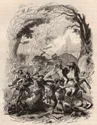 Gallernas krig: Slaget vid Aduatuca mellan det belgiska folket i Eburons och den romerska armén. Quintus Titurius Sabinus och Lucius Aurunculeius Cotta besegrades 54 f.Kr. Gravyr från 1868 i "Belgiens historia från primitiva tider till slutet av den