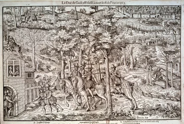 Religionskrigen 1562-1598. Mordet på Frans I av Lothringen (1519-1563), den andre hertigen av Guise, den 18/02/1563. Som katolsk ledare dödades han av kalvinisten Jean de Poltrot de Méré eller Mérey. Gravyr från 1500-talet. Paris, Nationalbiblioteket