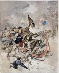 Akvarell föreställande jultomten. ""Den illustrerade världen"". 1895-12-21.