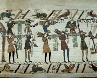 Vapen och vin förs till fartygen under tankningen för erövringen av England av Vilhelm Erövrarens flottor (1027-1087) 1066 Detalj av Bayeux gobeläng eller Broderi av Drottning Mathilde