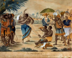 Bröllop mellan en svart person och en kreolsk kvinna. Gravyr från 1800-talet. La Rochelle, Musée du Nouveau Monde