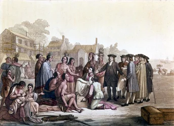 William (Guillaume) Penn (1644-1718), en engelsk kväkare, behandlar förvärvet av land med indianerna i Amerika - Han lade därmed grunden till Pennsylvania och staden Philadelphia - Illustration i "" Den gamla och moderna kostymen" ”” av Jules