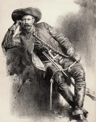 William Frederick Cody - Känd som Buffalo Bill - Porträtt av Buffalo Bill (1846-1917), överste William Cody - gravyr efter affisch.
