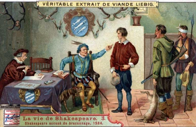 William SHAKESPEARE (1564-1616) anklagad för tjuvjakt 1584. Chromo liebig från slutet av 1800-talet.