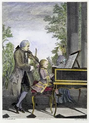 Wolfgang Amadeus Mozart som barn vid pianot, omgiven av sin far Leopold på violin och sin syster Marianne som sjunger - gravyr