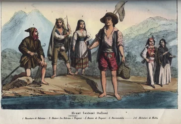 Kvinnor och män som bär traditionella sicilianska dräkter - Fiskare från Palermo, herde mellan Palermo och Trapani, kvinna från Trapani, fiskhandlare, invånare på Malta. gravyr från "" Seder och traditioner för alla folk i universum. Det är historien om re