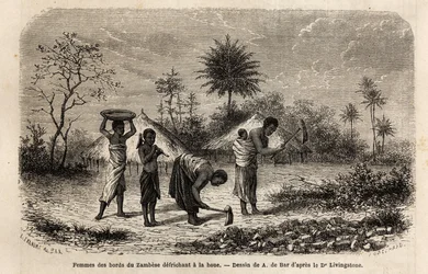 Kvinnor från stranden av Zambeze sänker en hacka och introducerar barn för jordbruksarbete. Gravyr för att illustrera Dr. Livingstones första resor till södra Afrika från 1840 till 1856, i "Le tour du monde, nouveau journal des voyages"" publicerad