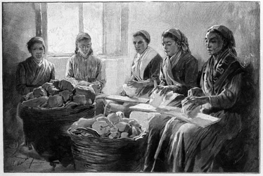 Arbetare som kvistar pimpsten Lipari Sicilien 1800-talsgravyr