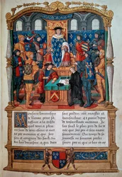 Att skriva en biografi: "" Philippe de Comines (Comynes eller Comines) (1447-1511) dikterar hans minnesmärken före Louis XI"" Miniatyr hämtad från "" Memoires de Philippe de Comynes""" 1489-1498 Paris, B.N.
