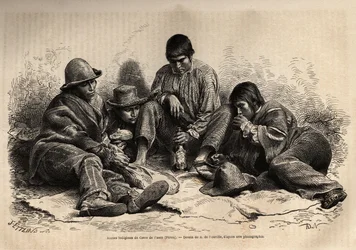 Unga indianer från Cerro de Pasco (centrala Peru), samlas för frukost. Gravyr för att illustrera Les iles Chincha, regisserad av L.Simonin, 1860, publicerad i "Le tour du monde, nouveau journal des voyages", redigerad av Edouard Charton
