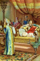 Zarathustra (Zarathushtra, Zarathustra, Zarathustra eller Zoroastrian), iransk profet och religiös reformator (600-talet f.Kr.) vid kungen av Bactres hov. kromolitografi från 1800-talet.