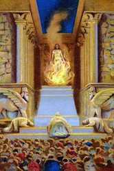 Zarathustra (Zarathushtra, Zarathushtra, Zarathustra eller Zoroaster) dog i templet omgivet av lågan. Kromolitografi från 1800-talet.
