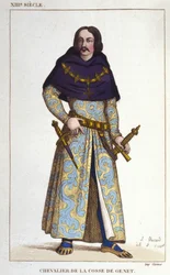 dräkt av Chevalier de la Cosse de Genet posterieur till år 1365. gravyr från 1830