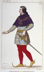 kostym av riddare av Cosse of Genet. gravyr från 1830